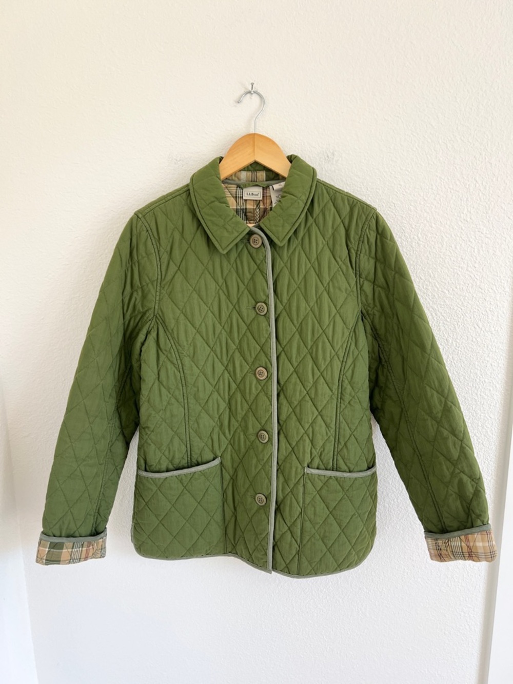 LL BEAN green quilted jacket chore coat minimalist layer / size M